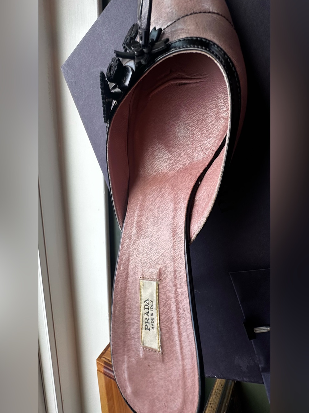 Prada Pink Pointed-Toe Slip-On Mules with Black Floral Trim - Picture 10 of 16